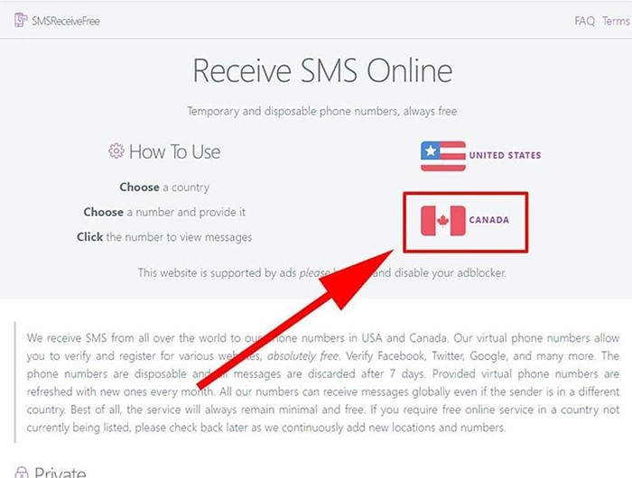 Truy cập vào hệ thống web smsreceivefree và chọn phần Canada